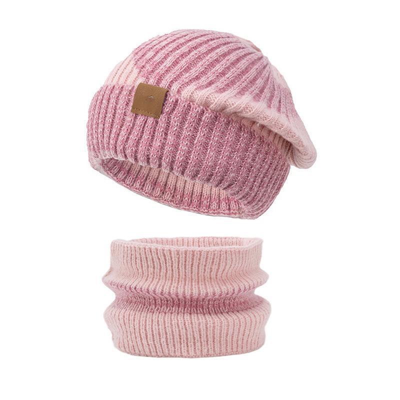 冬季新款跨境双色帽子女加厚保暖护耳毛线帽加绒围脖两件套针织帽