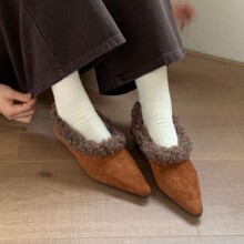 现货坡跟鞋女加绒新品尖头单鞋女毛毛鞋新款秋冬季新款粗跟女鞋子