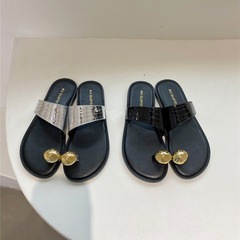 A852-5~平底小眾法式金屬套趾拖鞋女外穿2024年新款夏季沙灘涼鞋