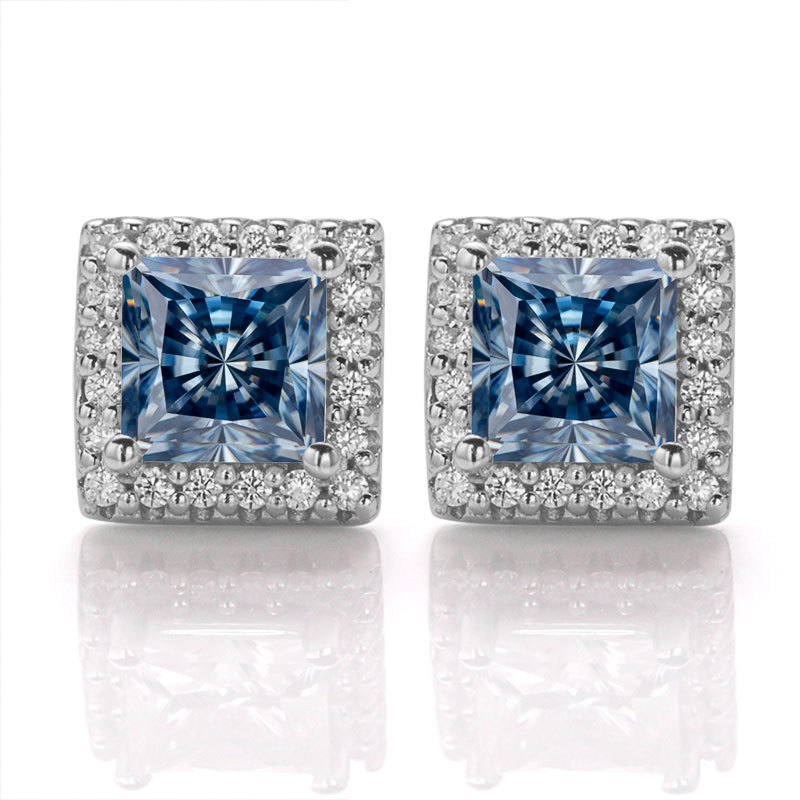 S925銀莫桑鑽公主方耳釘女韓國時尚新款飾品耳釘彩色多色可選款