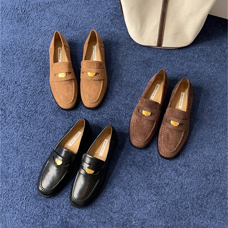 Lazy Low-Heeled Loafers with Small Gold Coins, Round-Toe Leather Shoes for Women, Suede Deep-Mouth Fashion Versatile Personality Single Shoes for Women
