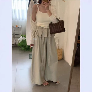 现货新款春季韩版慵懒风高腰屁帘系带阔腿休闲裤女百搭垂感长裤子