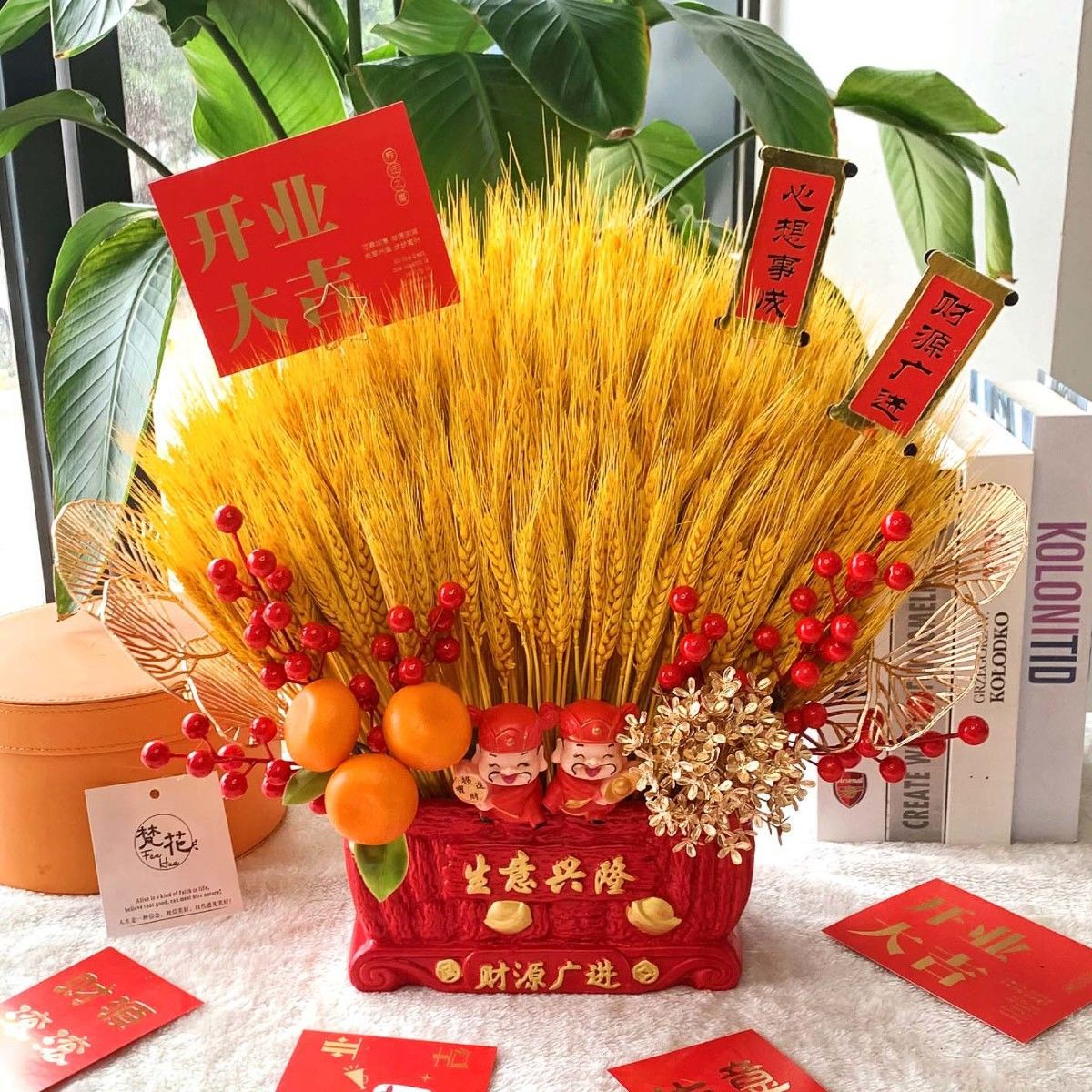 开业大麦花束摆件招财猫桌面服装店招财花篮朋友开店礼物高档贺礼