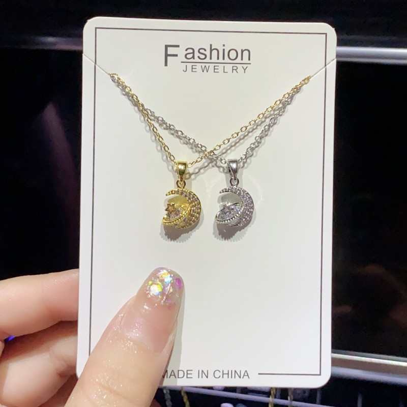 7g Weight Zircon Inlay Material Pendant Necklace Classification Elegant Basic Streetwear Star Moon Titanium Steel Zircon Pendant Necklace In Bulk