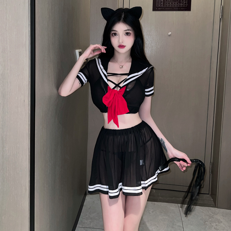 18Yx8577 European and American 2026 Cross-Border Trade Sexy Mesh See-Through Jk Uniform Navy Collar Top and Short Skirt Set