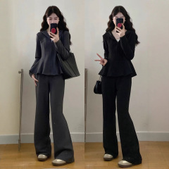 大码女装胖mm新款收腰显瘦气质外套+休闲裤套装