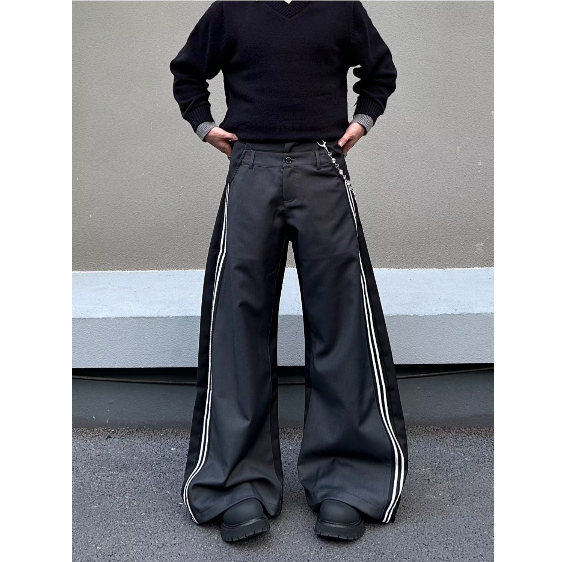 Men's Casual Pants Retro Double Waistband Spliced Curved Blade Loose Long Trousers_mkmklike.com