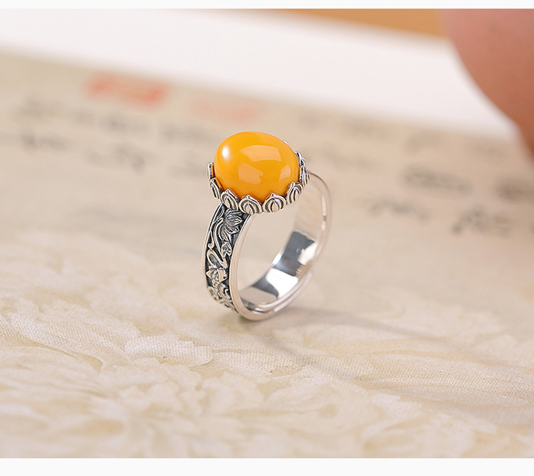 Nhẫn bạc S925 đính cabochon hổ phách máu hình cá chép sen phong cách vintage dân tộc — Mô hình sáp ong chi tiết 4