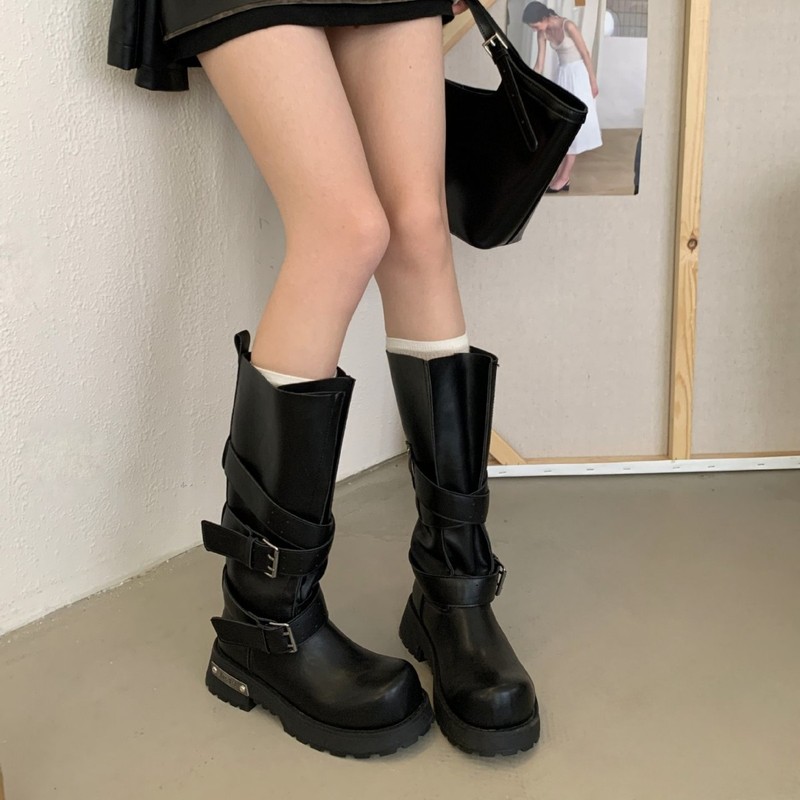 复古擦色粗跟骑士靴女2025新款厚底长筒靴子高街酷拽机车靴中筒靴|undefined