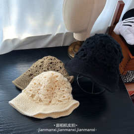 钩花针织镂空帽女百搭前长后短盆帽春秋季时髦显脸小简约纯色渔夫