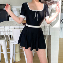 温泉度假休闲防晒短袖修身显瘦保守可拆卸裙款性感露背游泳衣女