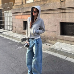 灰色短款连帽卫衣外套女2025春秋新款韩系休闲小个子拉链开衫上衣
