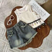儿童女童夏季洋气套装2025镂空新款吊带背心牛仔短裤上衣三件套