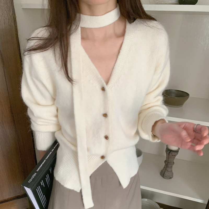 现货实拍 温柔色系~V领单排扣针织飘带开衫3长袖毛衣 3色|undefined