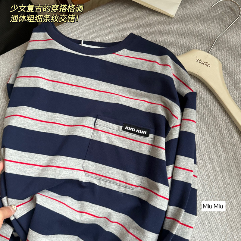 非市场货~南油高版女装M家字母贴布宽松复古条纹圆领长袖T恤上衣|undefined