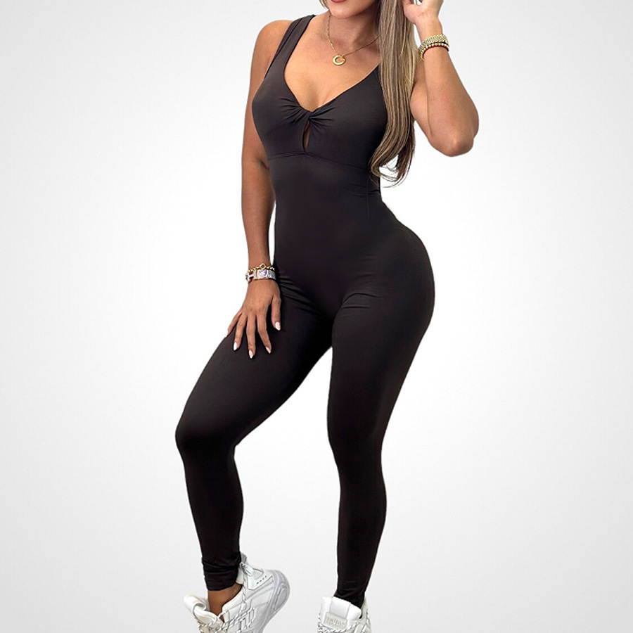 Sexy Sport Style Solid Color Nylon Plunging Neck Tracksuit Eyelet Top The leggings display picture 7