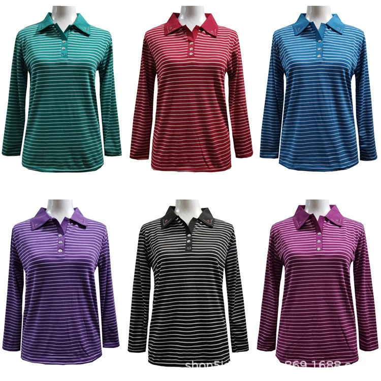 Женская одежда среднего и пожилого возраста, весенне-осенняя новая полосатая футболка с лацканами, модная одежда для мам с длинными рукавами, оптовая продажа