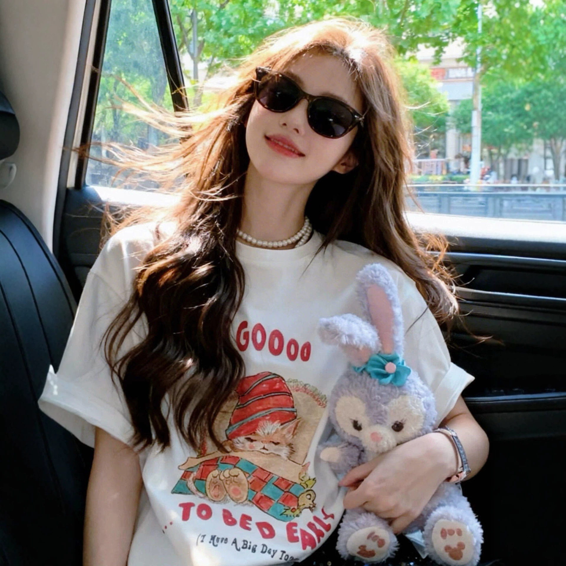 American-Style Pure Cotton Letter Cartoon Print White Short-Sleeve T-Shirt for Female Students, Loose Fit, Slimming, Plus-Size, Round-Neck Top, Trendy