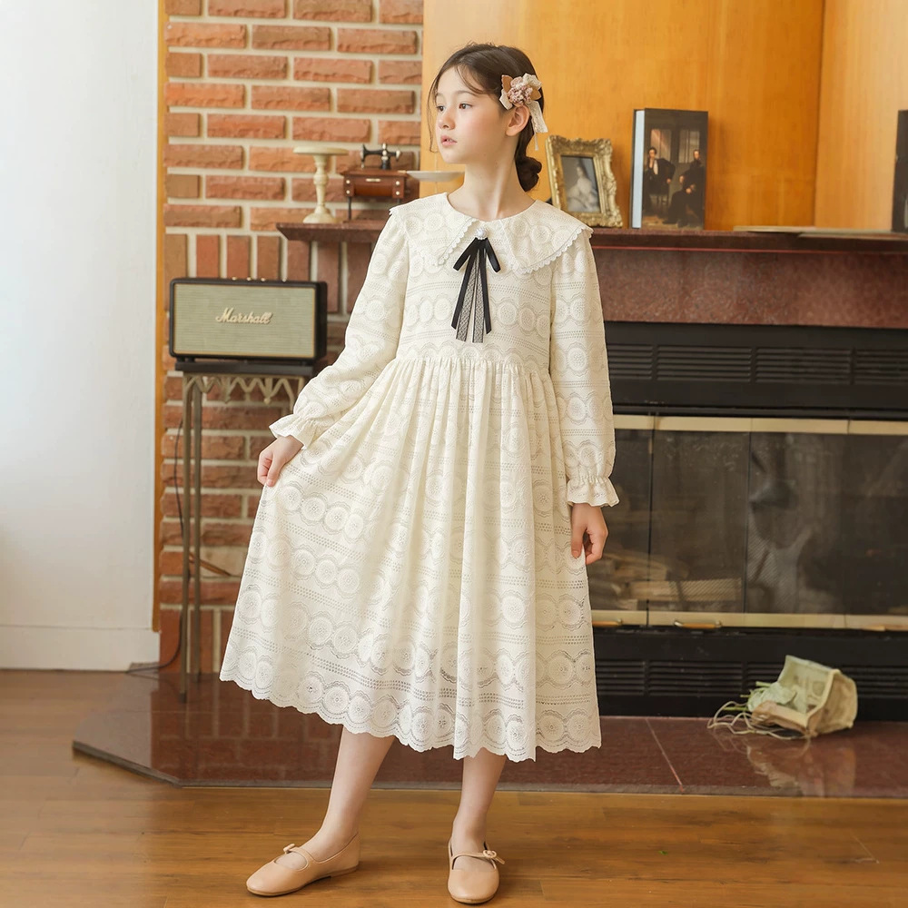 Girls' dress, spring/autumn 2026, lace Peter Pan collar, bow, long sleeves, birthday flower girl/princess dress for older children.