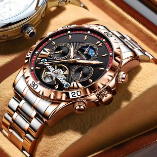 High-end men's automatic Tourbillon mechanical watch Sun Moon star luminous three eyes six needle multifunctional watch