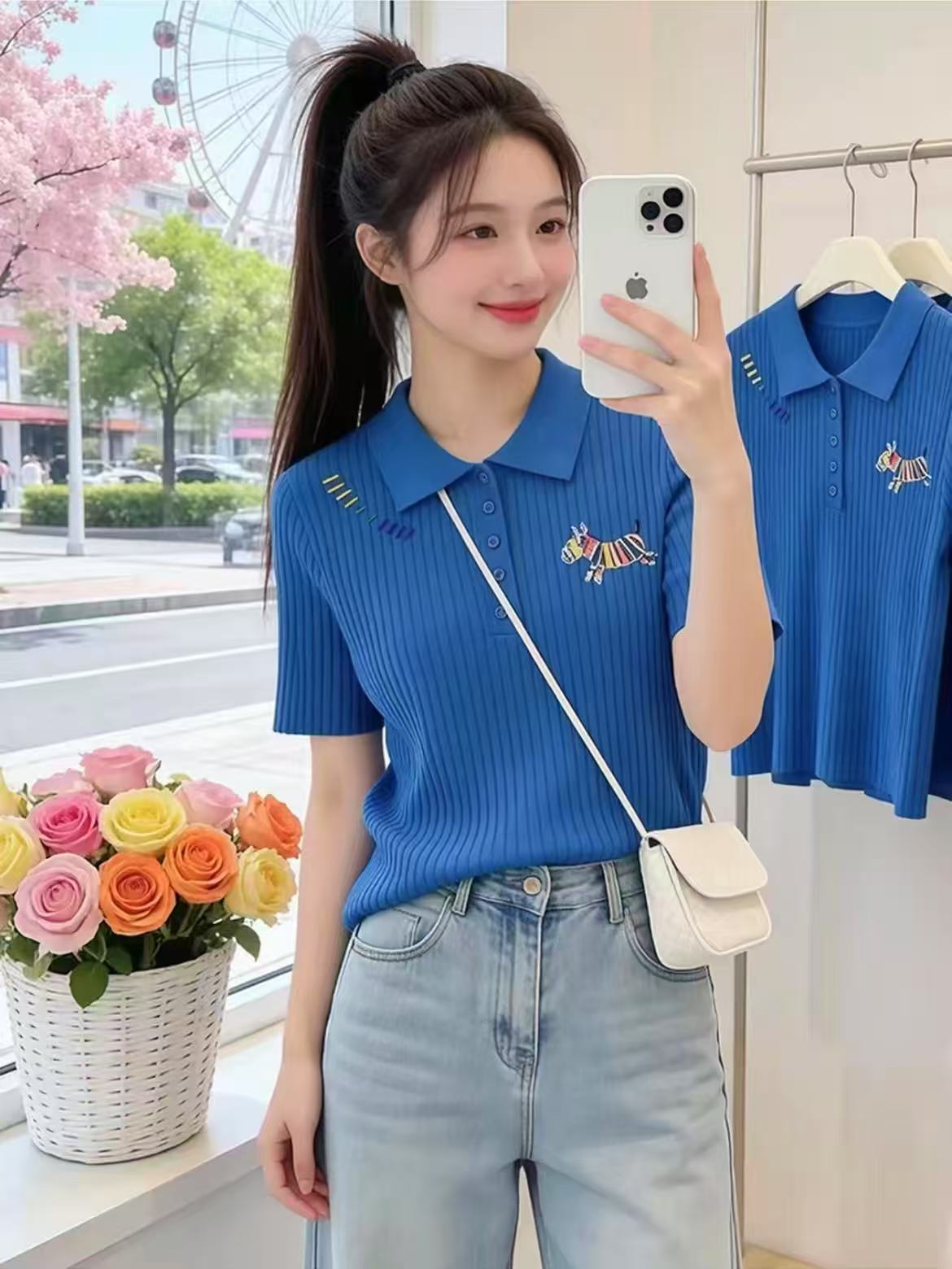 Áo thun polo nữ tay ngắn cổ bẻ họa tiết ngựa nhỏ cầu vồng — xanh lam