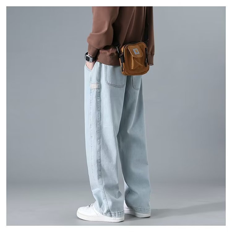 Jeans Men's Spring and Autumn New Arrival Hong Kong Style Trendy Ins Loose plus size Straight Leg Pants Student Fashion Labeling Wide Leg Pants