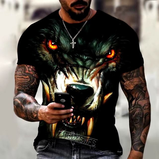 2024 moda casual suelto cuello redondo manga corta transpirable camiseta de hombre personalidad lobo malvado spot de impresión digital 3D