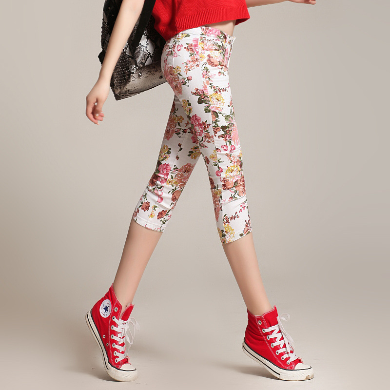 Printed Cropped Pants for Women, Pencil Slim Fit, Mid-Waist, Thin Cotton, Stretchy, Suitable for Outdoor Wear, Urban Style