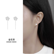 S999纯银耳线女金花茶养耳洞简约小清新韩版耳链短款耳环气质耳钉