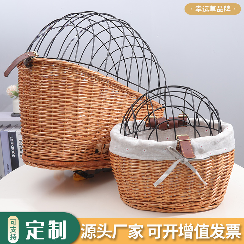 Pet cage with lid cat and dog bicycle front and rear pet basket handmade plastic Rattan woven seat basket removable and washable four seasons Pet cage with lid cat and dog bicycle front and rear pet basket handmade plastic Rattan woven seat basket removable and washable four seasons
