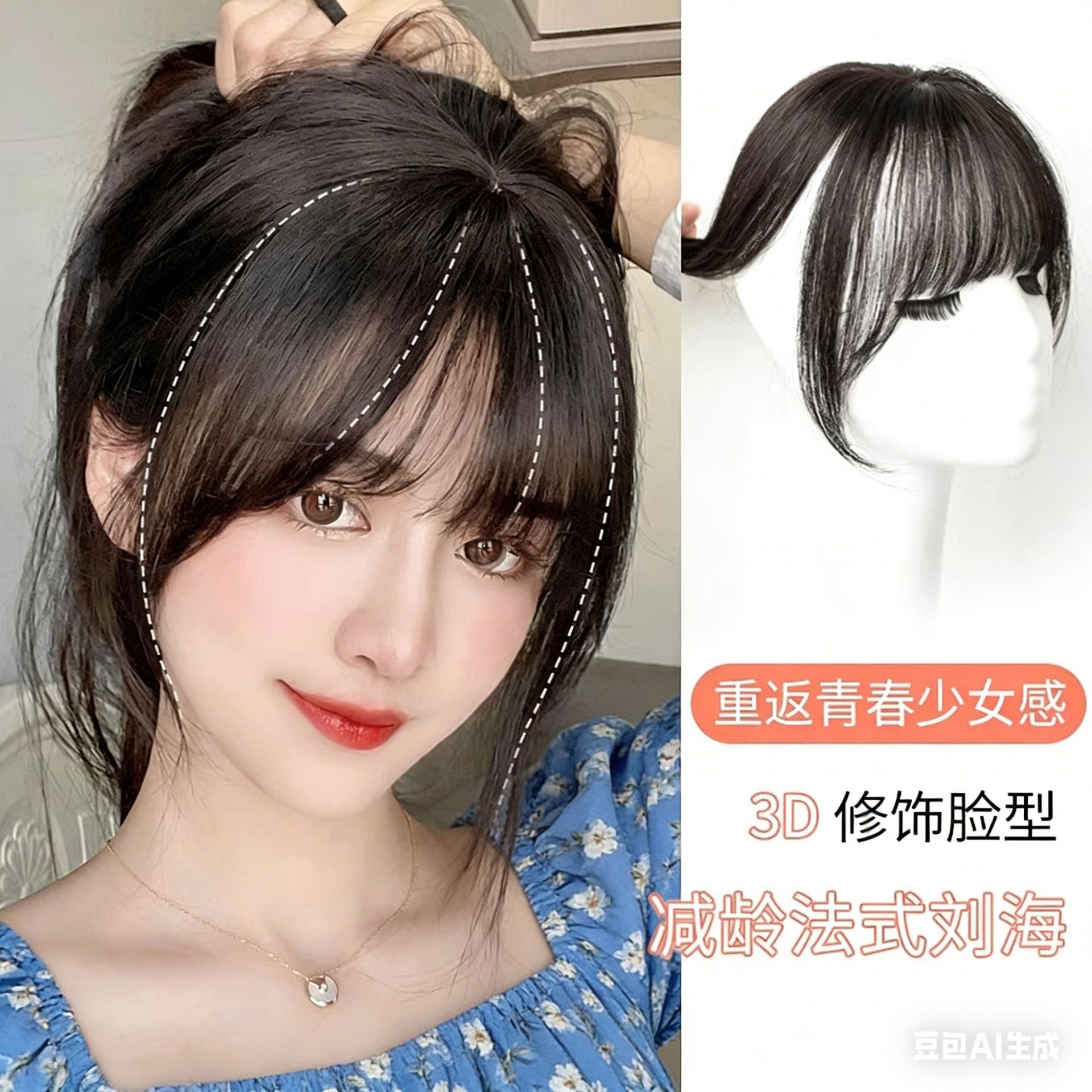 Peluca de flequillo reductora de edad, flequillo falso de aire francés, peluca de pelo de simulación natural femenina, cubierta superior, parche de pelo blanco