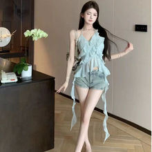 【20件包邮】荷叶边挂脖吊带小背心女修身不规则纯欲短款上衣外穿