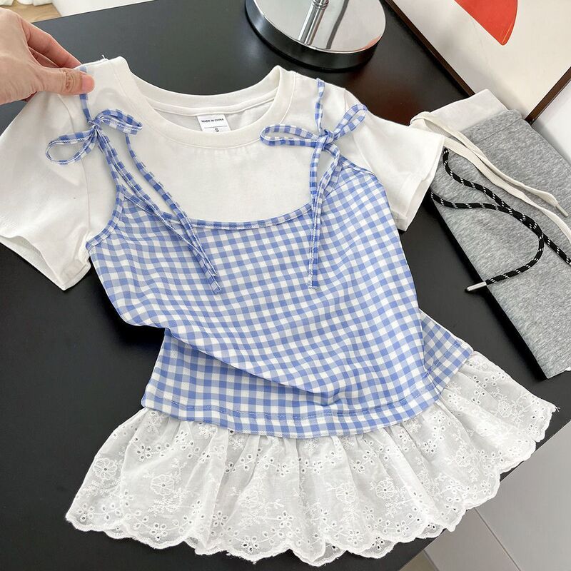 Korean Style Bow Lace T-Shirt Blue and White Plaid Stitching Right Shoulder Short-Sleeved Women's Summer Vacation Two-Piece Ballet Style Top Korean Style Bow Lace T-Shirt Blue and White Plaid Stitching Right Shoulder Short-Sleeved Women's Summer Vacation Two-Piece Ballet Style Top