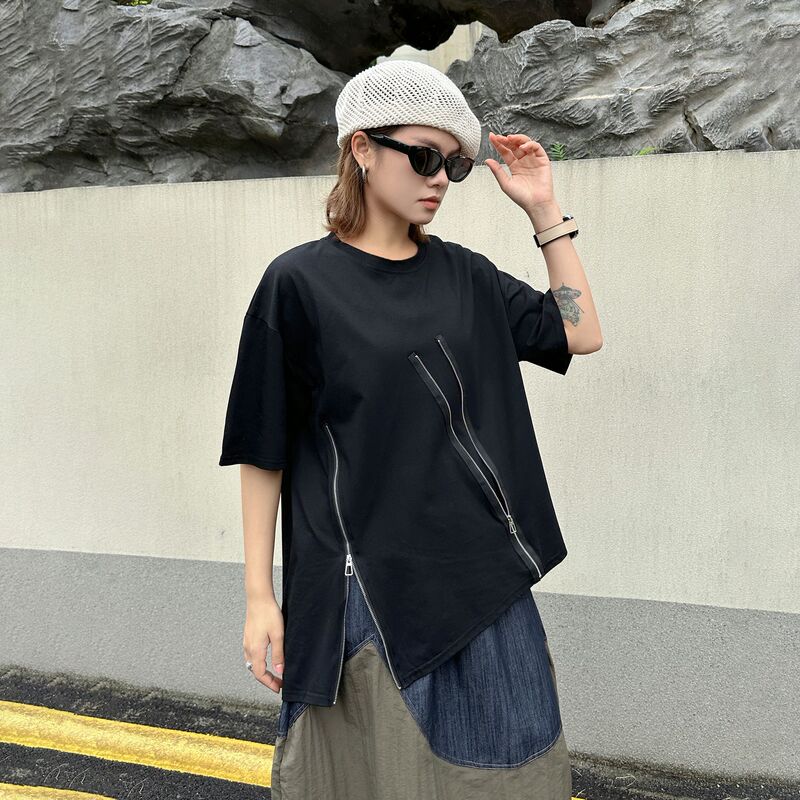 260526 Dark Sweet and Spicy Style Short Sleeve T-Shirt Round Neck Plain Fashion Zipper Loose Casual Irregular Top Trendy 260526 Dark Sweet and Spicy Style Short Sleeve T-Shirt Round Neck Plain Fashion Zipper Loose Casual Irregular Top Trendy