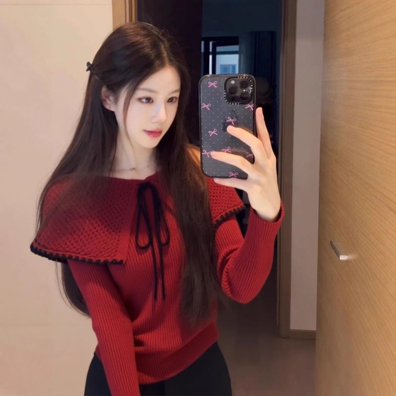 Christmas and New Year Outfits, Lace-Up Lapel Knitted Sweaters for Women, Autumn and Winter Atmosphere Outfits, Off-Shoulder Slim-Fitting Tops