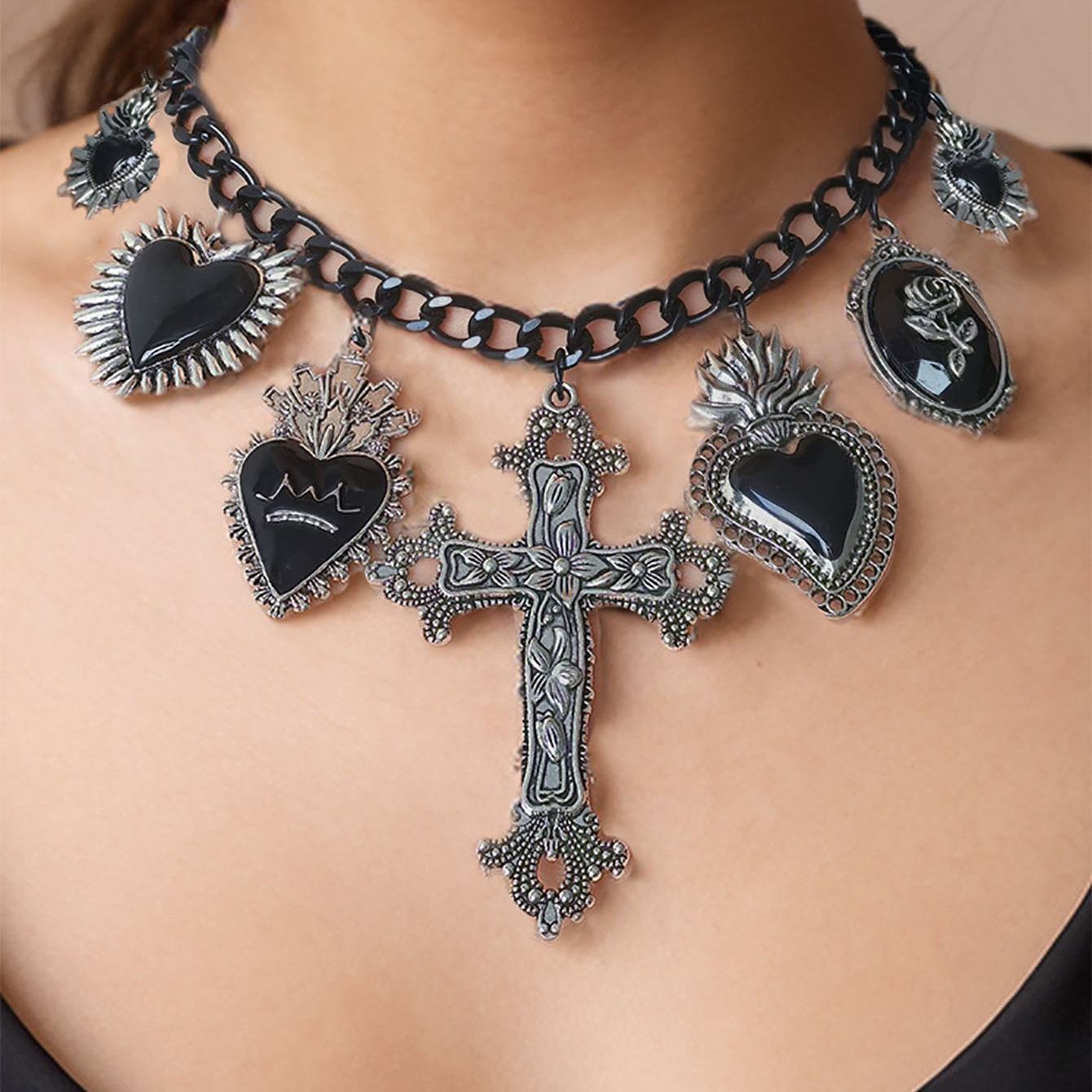 Multi Charms Necklace Classification Vintage Style Cross Heart Shape Zinc Alloy Chain-free Choker Wholesale