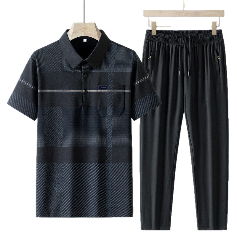 Traje de seda de hielo de verano para papá, camisa de polo de manga corta para hombres de mediana edad y ancianos, pantalones de secado rápido, traje casual de dos piezas de verano de mediana edad para hombres