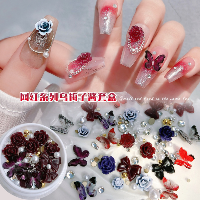 Internet Celebrous Explosive Wu Plum Sauce Nail Art Butterfly Camellia Jewelry Bow Pearl Thin Chain Nail Drill Set Box