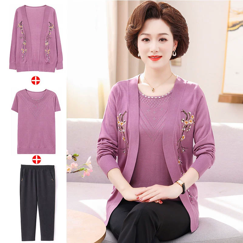Новый Топ для мамы на весну, комплект из двух предметов, весенне-осенний вязаный кардиган среднего возраста, тонкий женский летний костюм среднего возраста в иностранном стиле