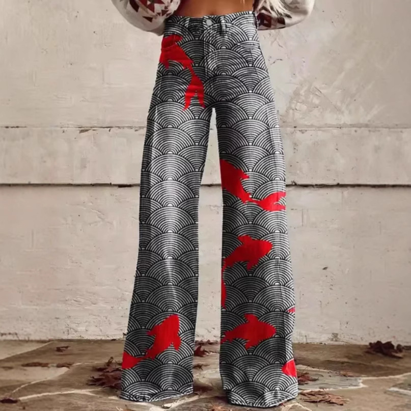 2025 Independent Station Xiyin European and American Foreign Trade Plus-Size Women's Casual Pants Printed Faux Denim Wide-Leg 3D Trendy Women's Pants