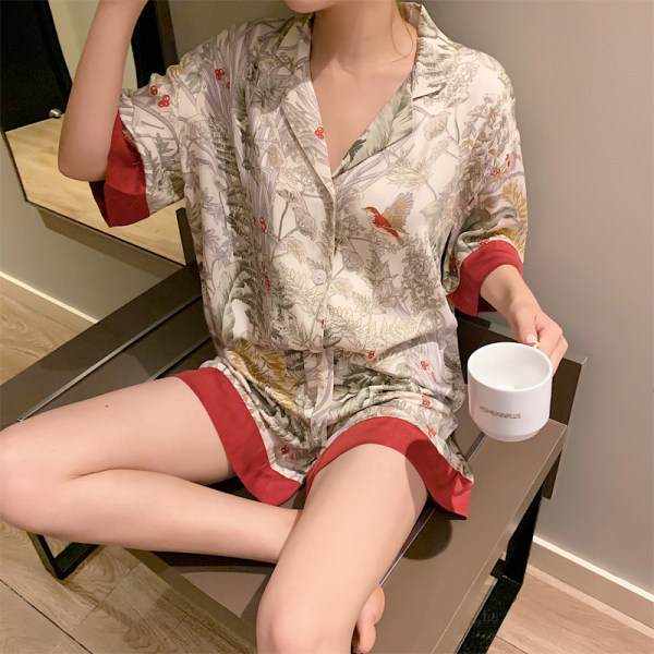 New Silk Pajamas for Women Summer Thin Short-Sleeved Shorts Forest Jungle Flower Home Clothes Women's Suit Real Shot Wholesale