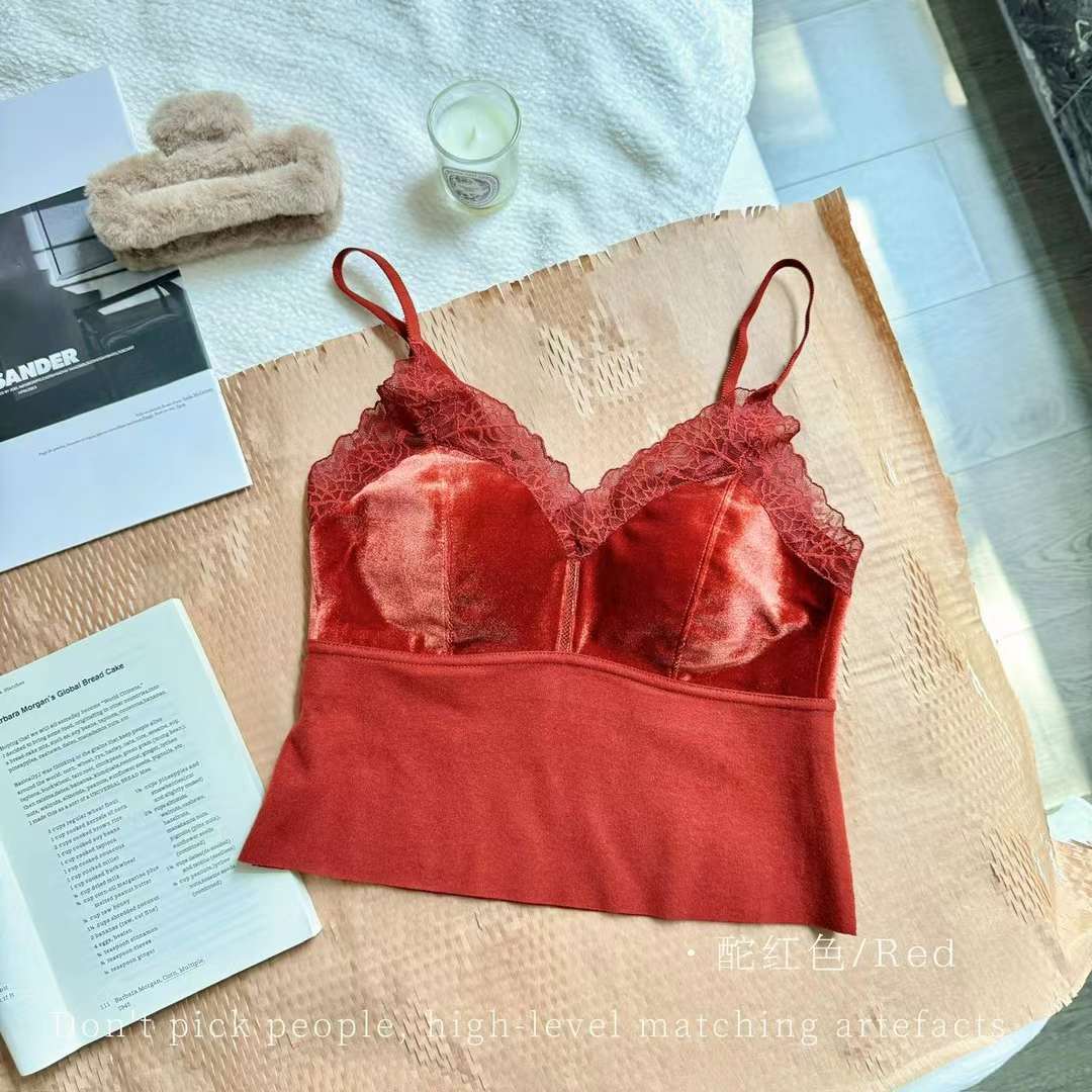 Otoño francés terciopelo dorado profundo V sexy encaje hermoso chaleco trasero de una pieza tirantes cojín para el pecho desgaste exterior retro interior