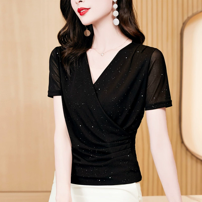 Модная женская футболка с короткими рукавами из сетки, новый стильный облегающий топ для похудения лета 2024, летний топ для мамы.