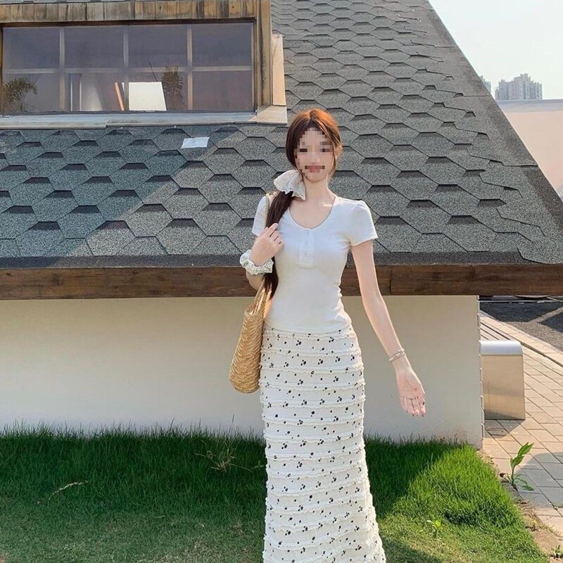 韩系白色夏季度假蝴蝶结印花蕾丝高腰碎花鱼尾半身裙长裙显瘦裙子|undefined