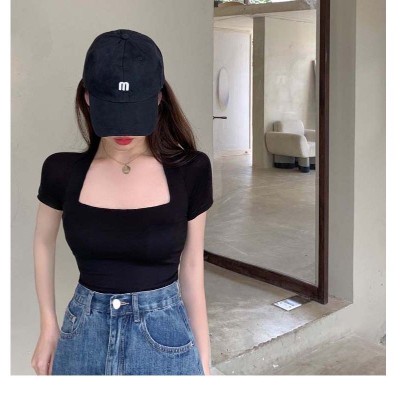 紫フランス独特の方襟tシャツ女性半袖春夏新作セクシー漏れ鎖骨ショートタイプシック上着レトロu