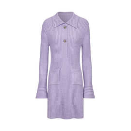 工厂定制秋冬新款紫色小香风粗花尼长袖短裙时尚优雅针织衫连衣裙