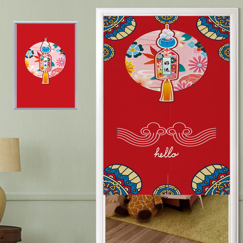 Printed door curtain partition Chinese-style lucky curtain dressing room fabric non-perforated kitchen bathroom half curtain plus LOGOU