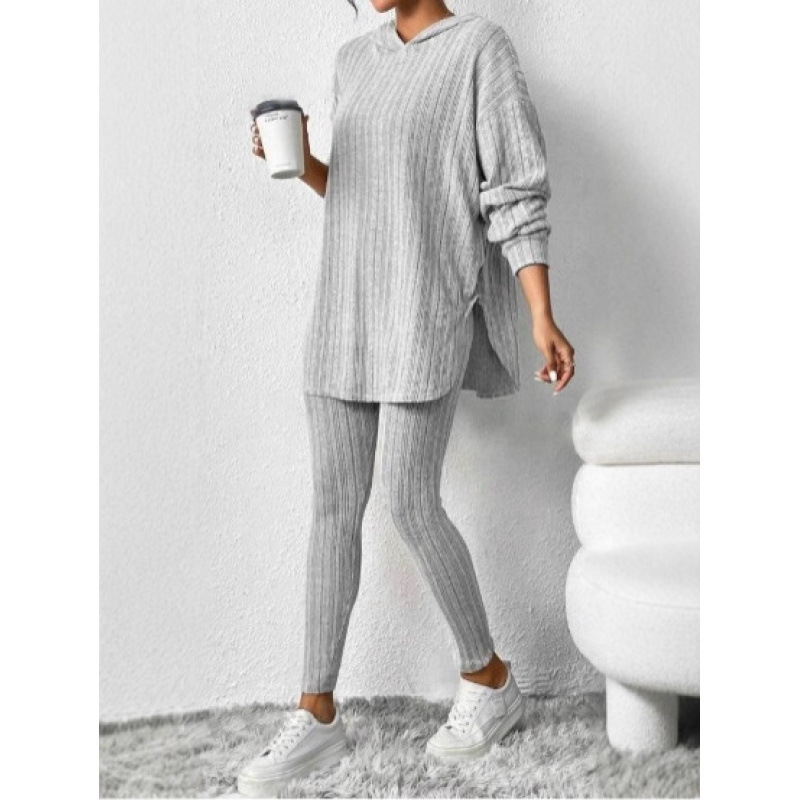2025 European and American Amazon Cross-Border Autumn and Winter Women's Loose Hooded Long-Sleeve Casual Pants Ribbed Knit Set