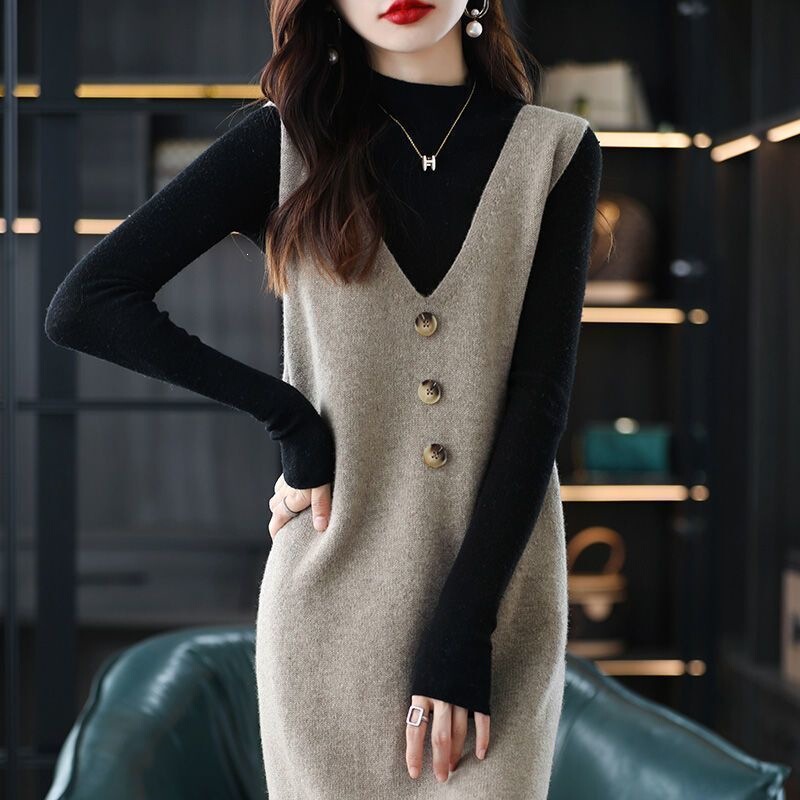 【Yangyang Family】Knitted Sweater Vest for Women, Versatile Mid-Length Dress Top, Sleeveless Sweater Vest