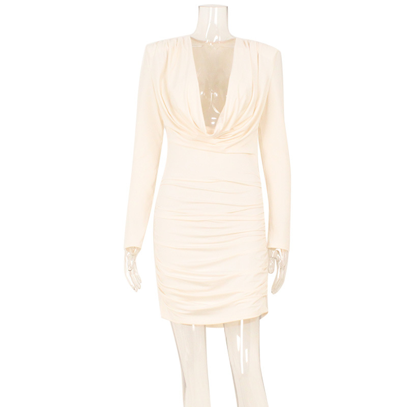 Women Clothing Swing Collar Low Cut Solid Color Simple Waist Fitted Workplace Adult Lady like Woman Hip Bag Dress